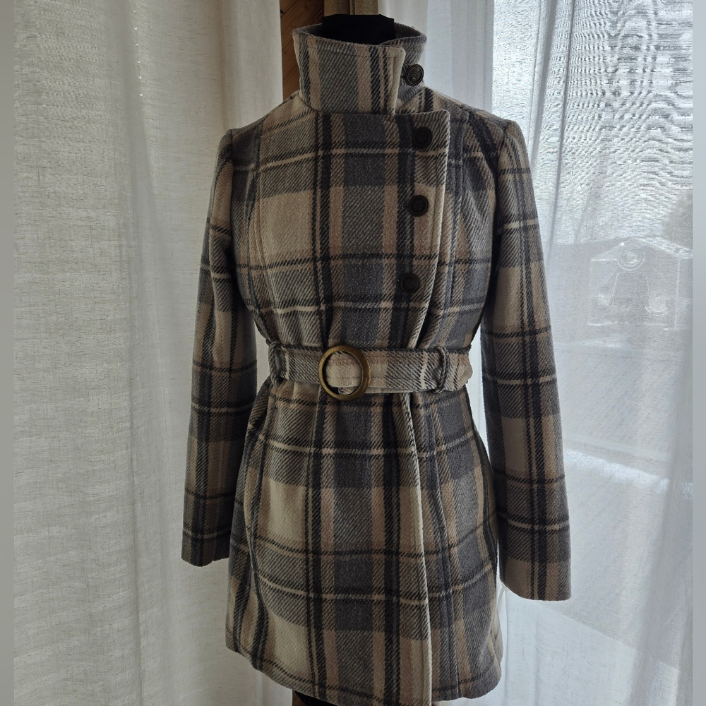 BCX Plaid Belted Coat - Gray and Cream